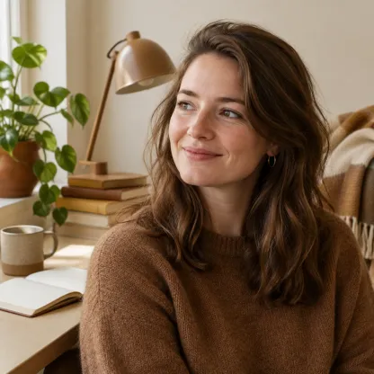 Vrouw van middelbare leeftijd met kort bruin haar die vriendelijk in de camera kijkt
