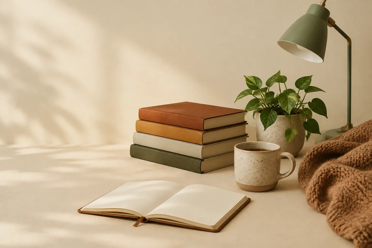 Open notebook, stack of four books, speckled mug, plant and sage reading lamp