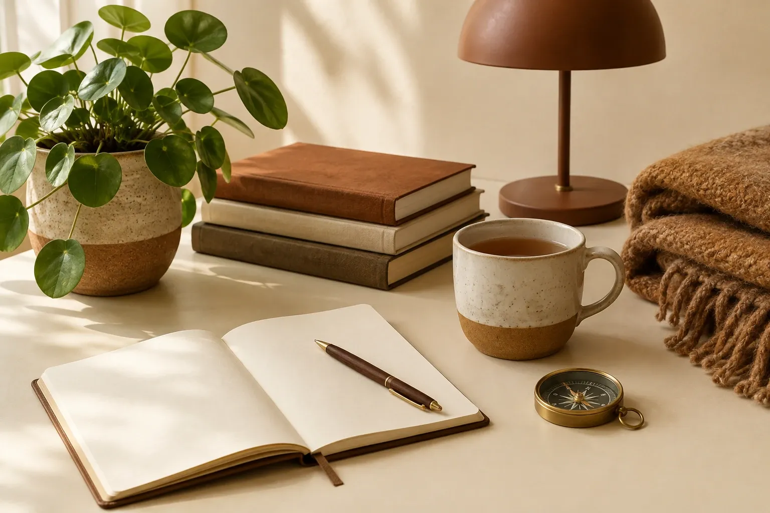 Open notitieboek met pen, kopje thee, kompas, plantenpot en warme dekens in zacht licht