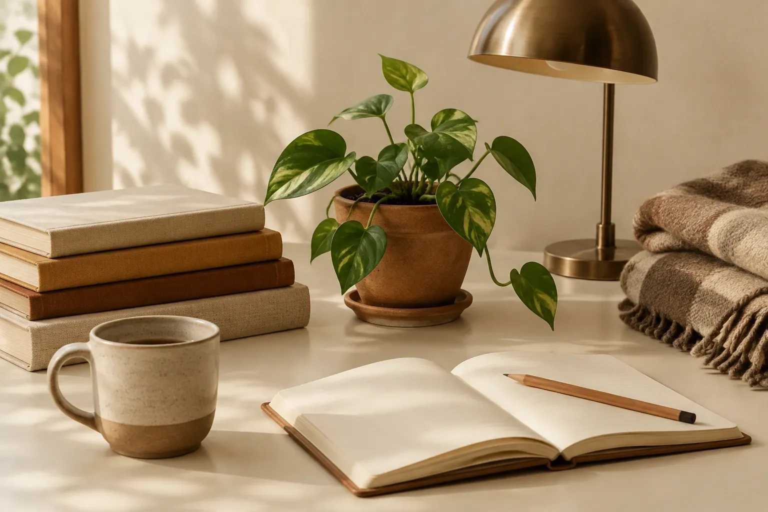 Open notitieboek met potlood, mok, kamerplant, stapel boeken en warme lamplicht