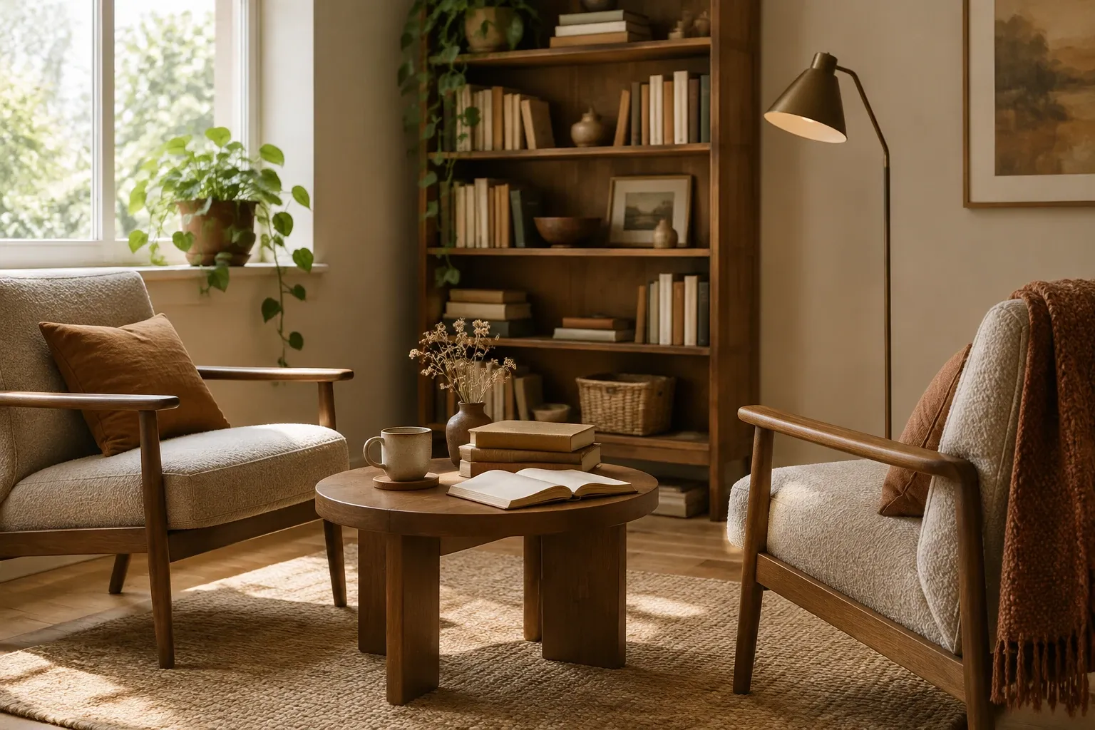 Gezellige therapiekamer met twee fauteuils, salontafel, boekenkast en warm licht