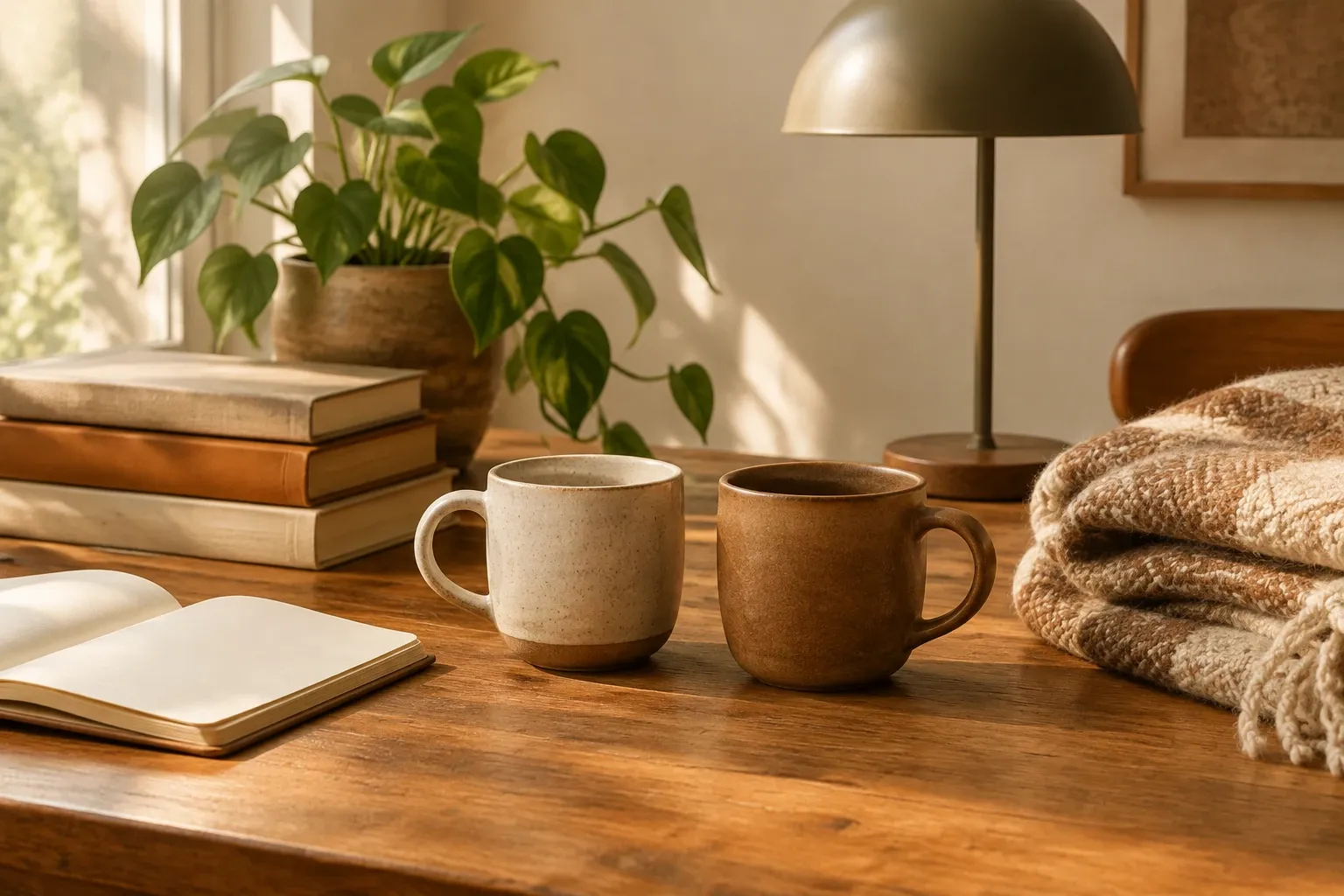 Twee keramische mokken op houten tafel bij notitieboek, planten en deken