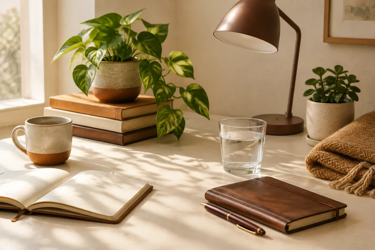 Werktafel met open notitieboek, gesloten leren dagboek, pen, glas water, mok en kamerplanten